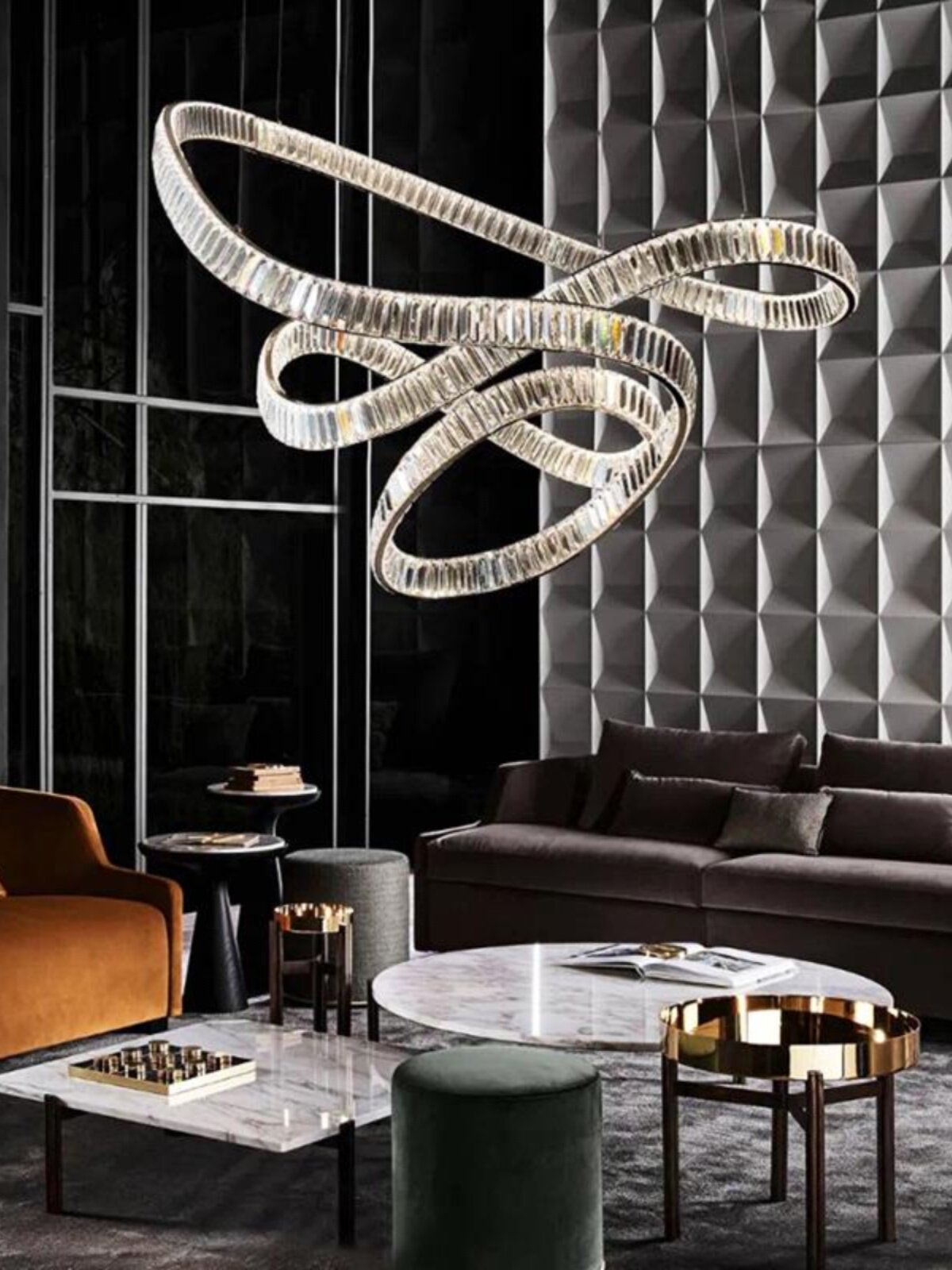 Luxury K9 Crystal LED Ceiling Chandelier Large Oval Shape Decorative Ring Adjustable Height Hanging Installation Pendant Lights
