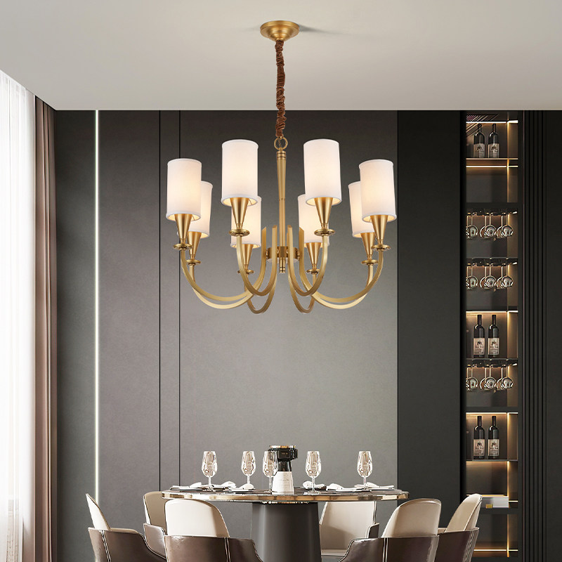 American Retro Style Pendant Light Living Room Restaurant Brass Copper Fabric Shade Chandelier