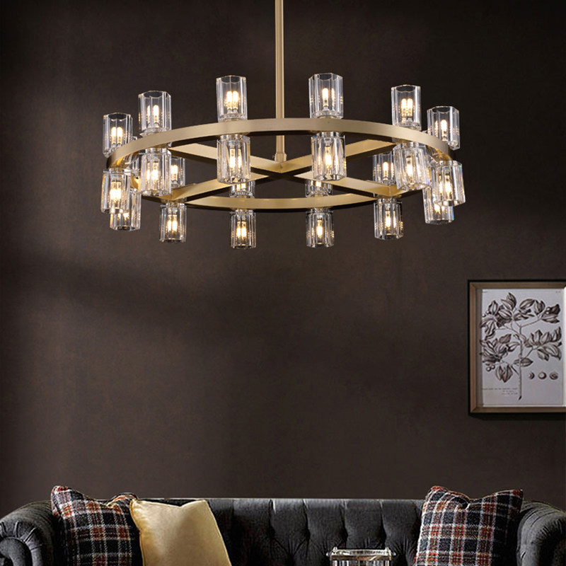 Prestigious Linear Fluted Glass Chandelier Luxury Double-Row Ribbed Cylinder Island Pendant Gold Brass Dining Room Hanging Lamp