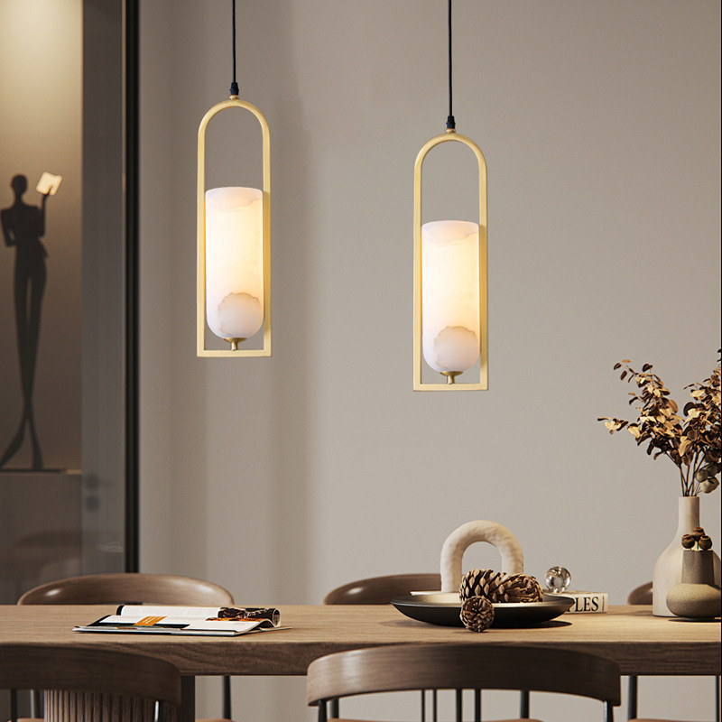 Modern U-Shaped Brass Frame Alabaster Pendant Light 2700K Soft Warm White Energy Saving Long Cylinder Shade Universal Lighting