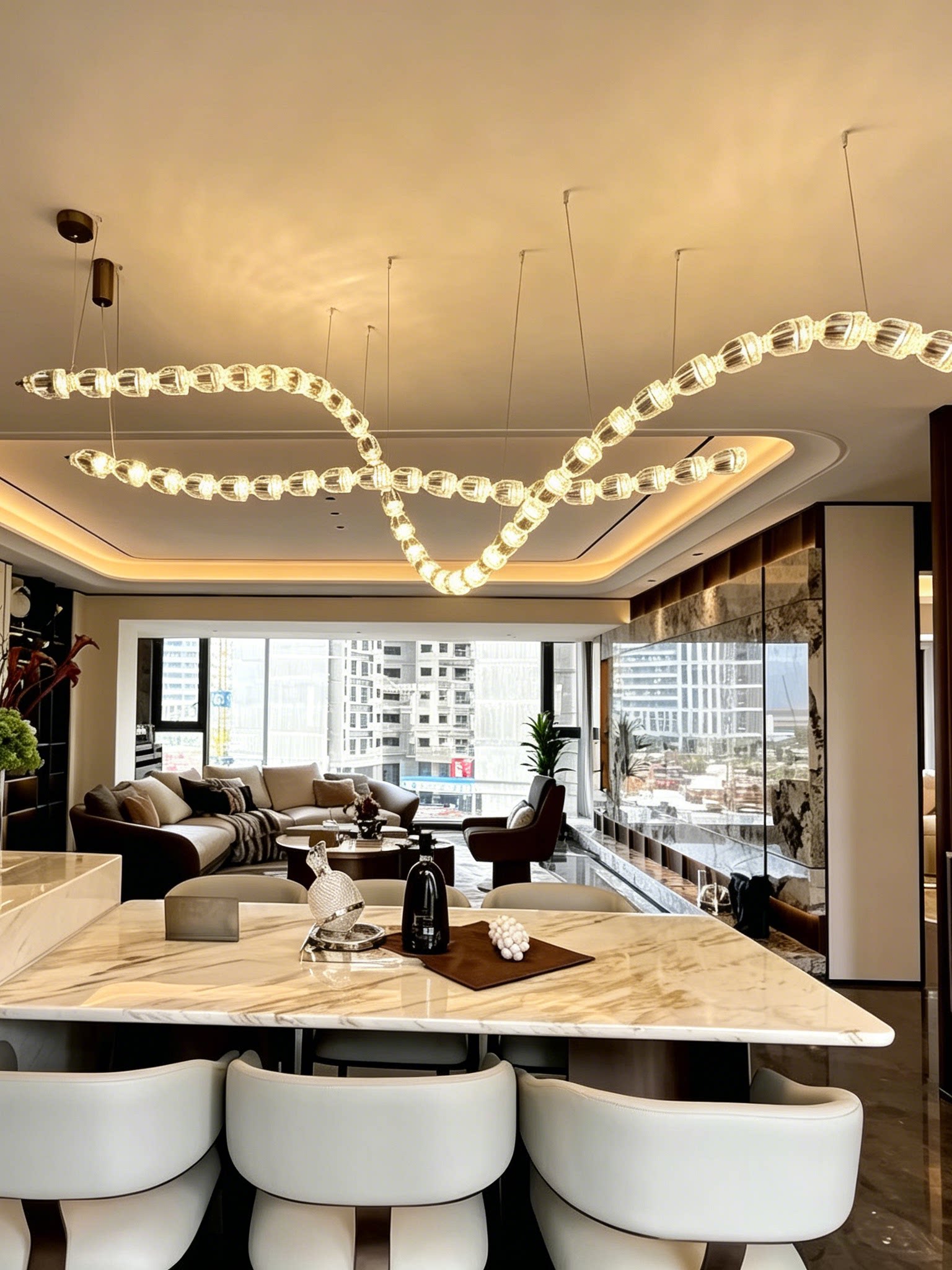 Adjustable Long Gold Crystal Necklace Chandelier Modern Linear LED Pendant Light for Living Room